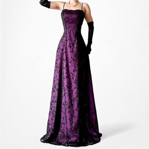 Vintage Purple Black Floral Beaded Fit Flared Mesh Maxi Prom Dress Size 6/M